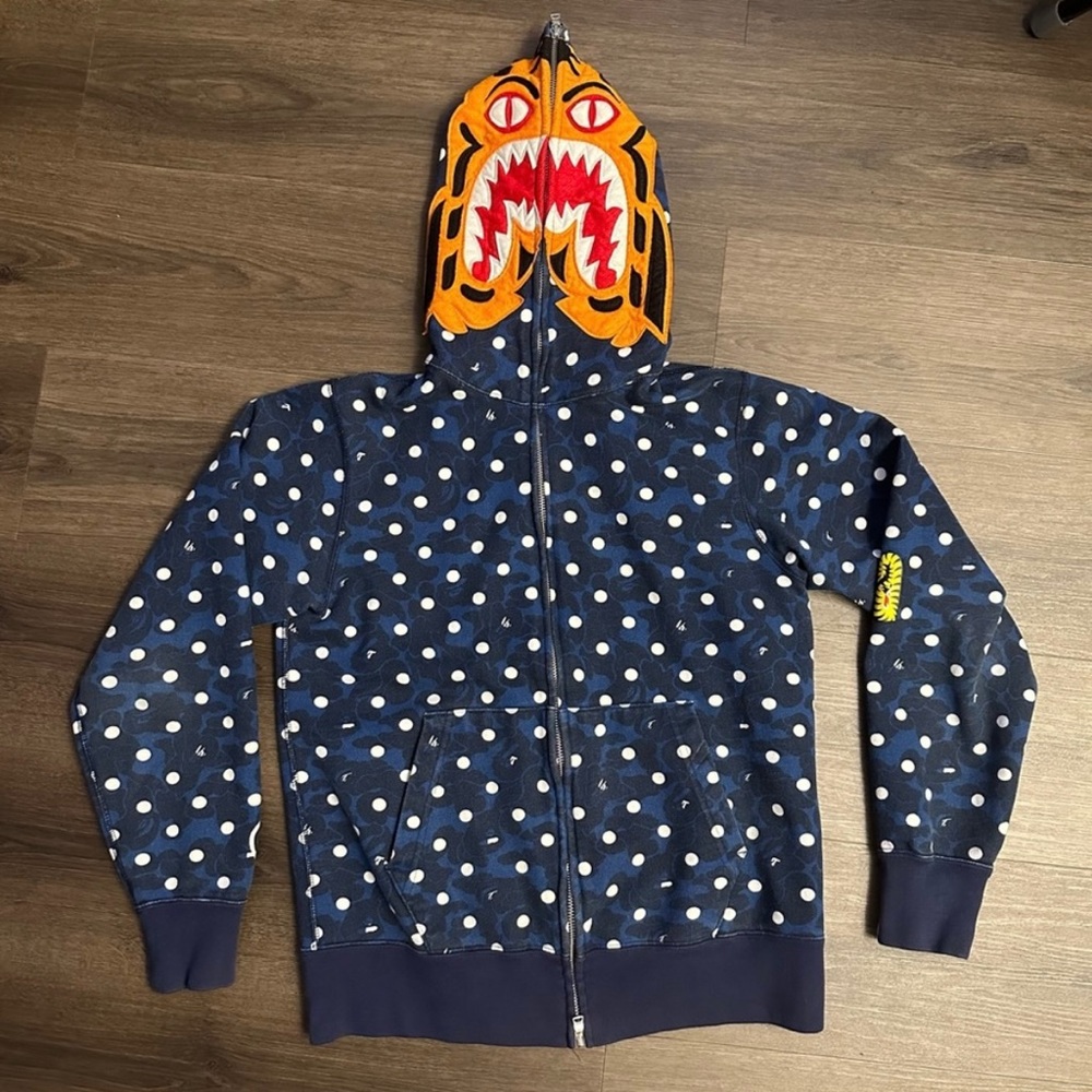 Bape A Bathing Ape Blue ABC Camo Polka Dot Bape Tiger Shark Hoodie